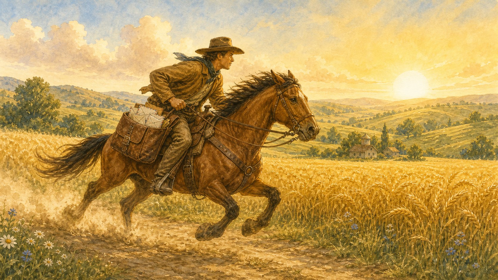 Watercolor pony mail rider crossing a wheat field with rolling hills