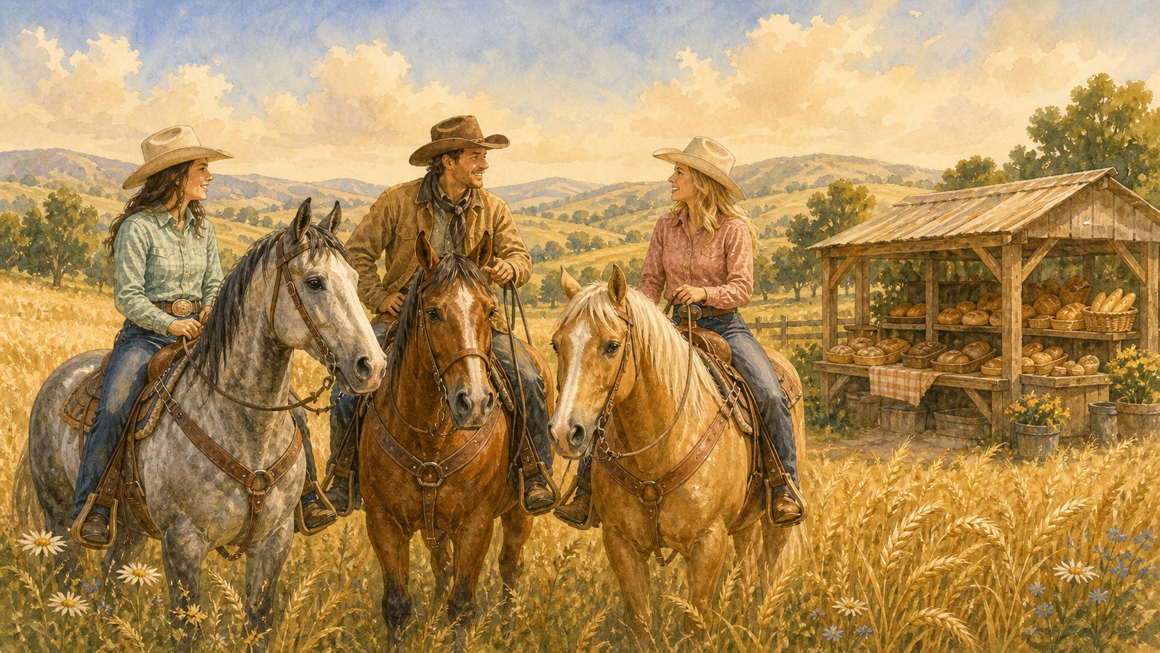 Watercolor western riders talking in a wheat field beside a farmstand